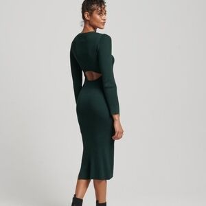 Cutout Back Long Sleeve Midi Dress - Dark Green